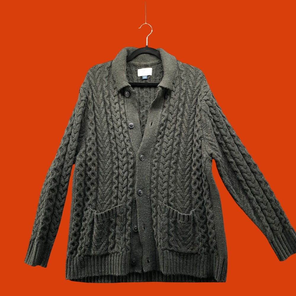 American Eagle Cable Knit Cardigan Sweater Mens XL Olive Green Heavyweight